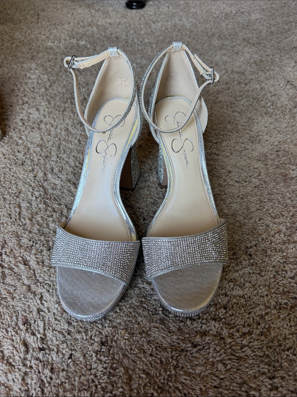 Jessica Simpson Sparkling Silver Ankle-Strap Block Heels